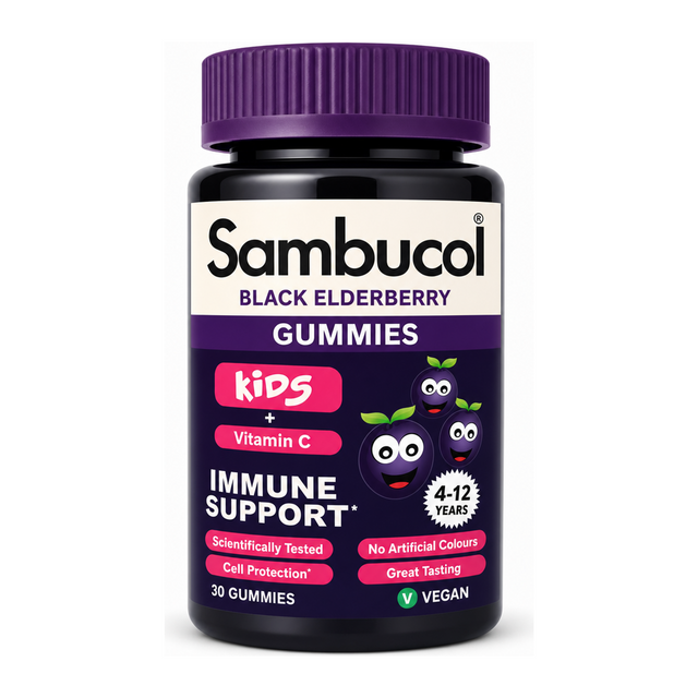 Sambucol Kids Black Elderberry Gummies by Sambucol Natural Remedies — front view showing product label and branding, studio product photo on white background