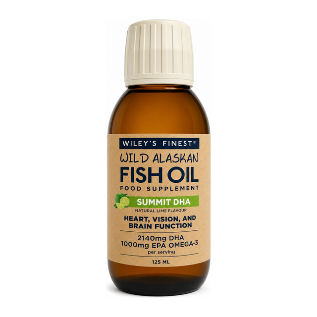 Wiley's Finest UK Summit DHA Wild Alaskan Fish Oil by Wiley's Finest Natural Remedies — front view showing product label and branding, studio product photo on white background