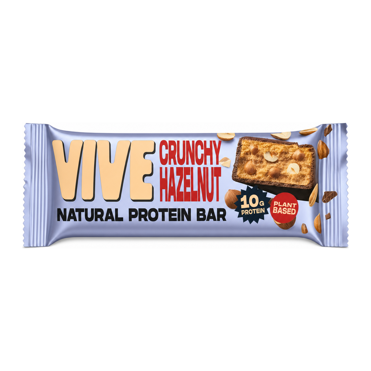 Vivefoods Hazelnut Dark Chocolate Coated Protein Bar by Vive Food & Drinks — front view showing product label and branding, studio product photo on white background