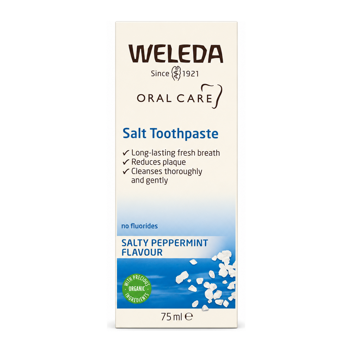 Weleda Salt Toothpaste by Weleda Natural Beauty — front view showing product label and branding, studio product photo on white background