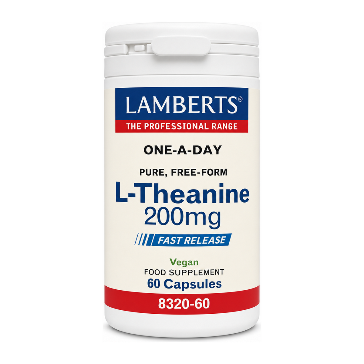 LAMBERTS L-THEANINE 200mg Capsules Fast Release by Lamberts Natural Remedies — front view showing product label and branding, studio product photo on white background