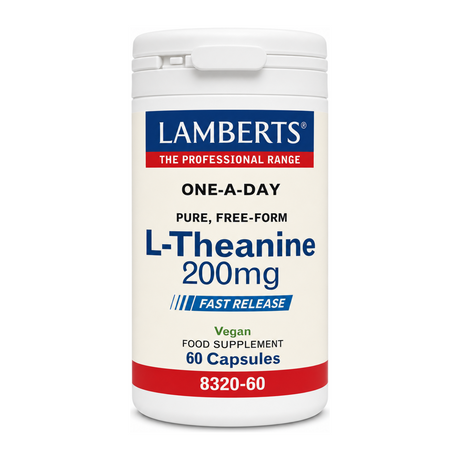 LAMBERTS L-THEANINE 200mg Capsules Fast Release by Lamberts Natural Remedies — front view showing product label and branding, studio product photo on white background