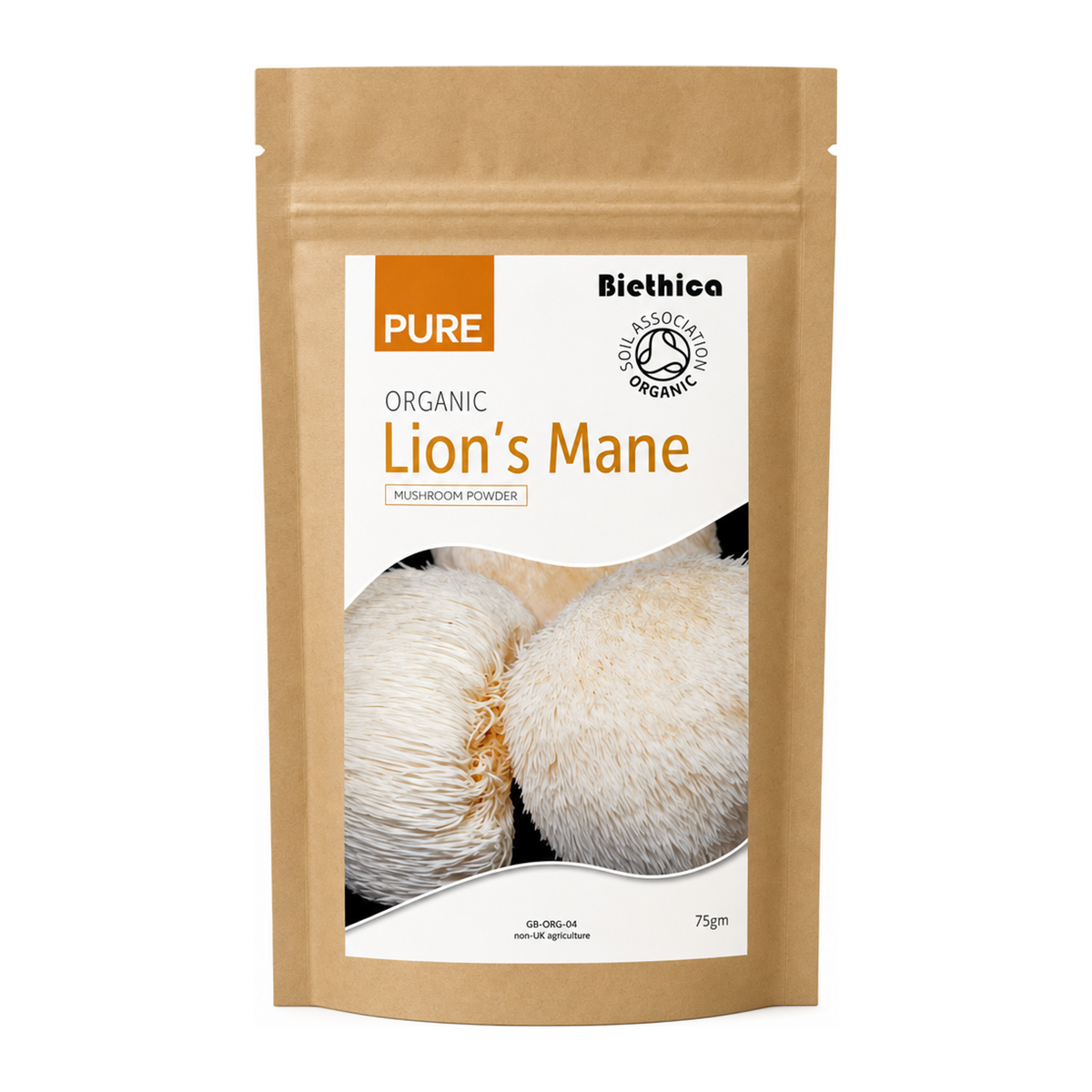 Biethica Organic Lion's Mane Mushroom Powder by Biethica Natural Remedies — front view showing product label and branding, studio product photo on white background