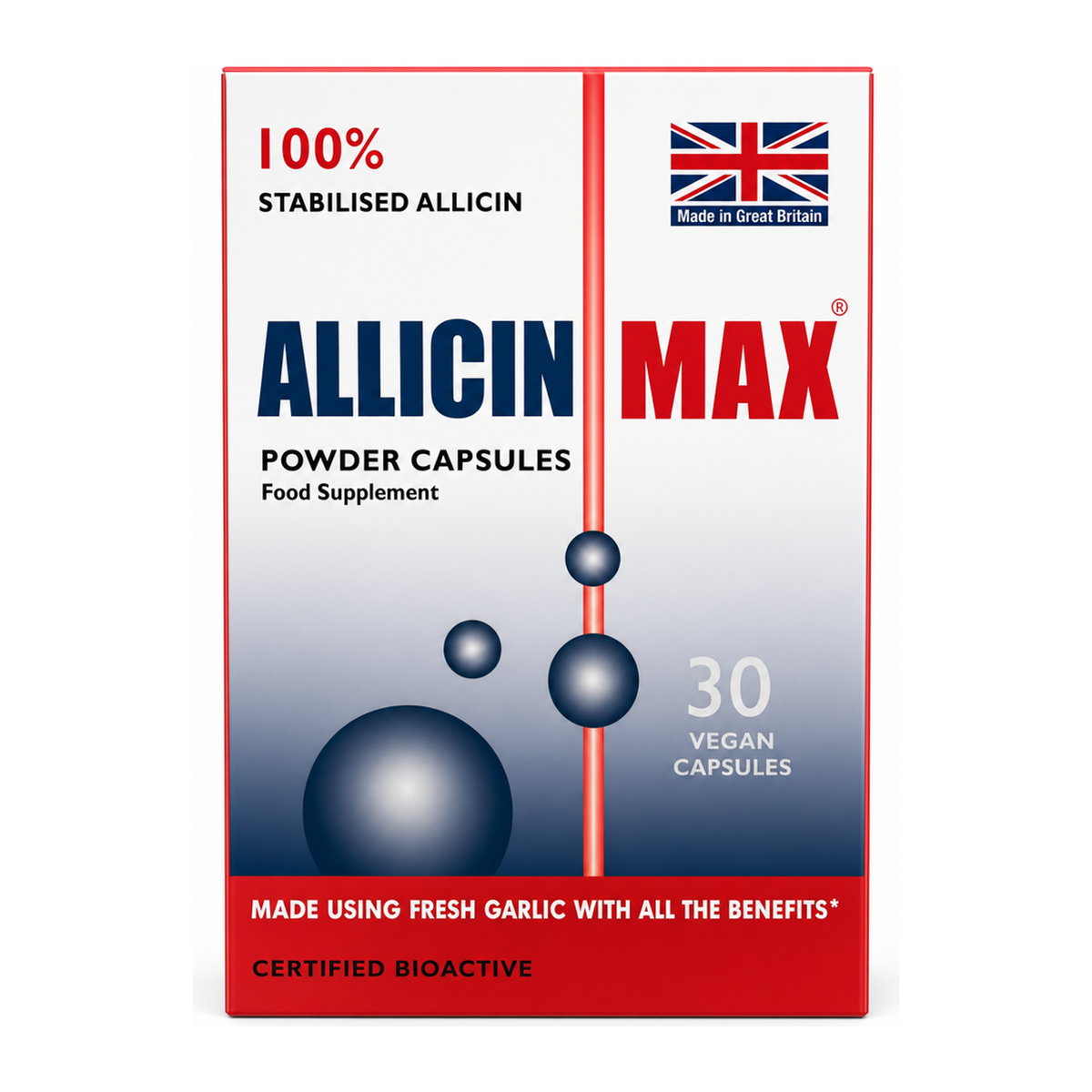 Allicin Max 30 Veg Caps by Allicin Max Natural Remedies — front view showing product label and branding, studio product photo on white background