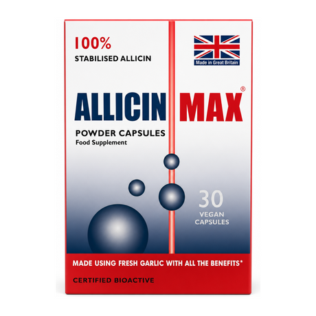 Allicin Max 30 Veg Caps by Allicin Max Natural Remedies — front view showing product label and branding, studio product photo on white background