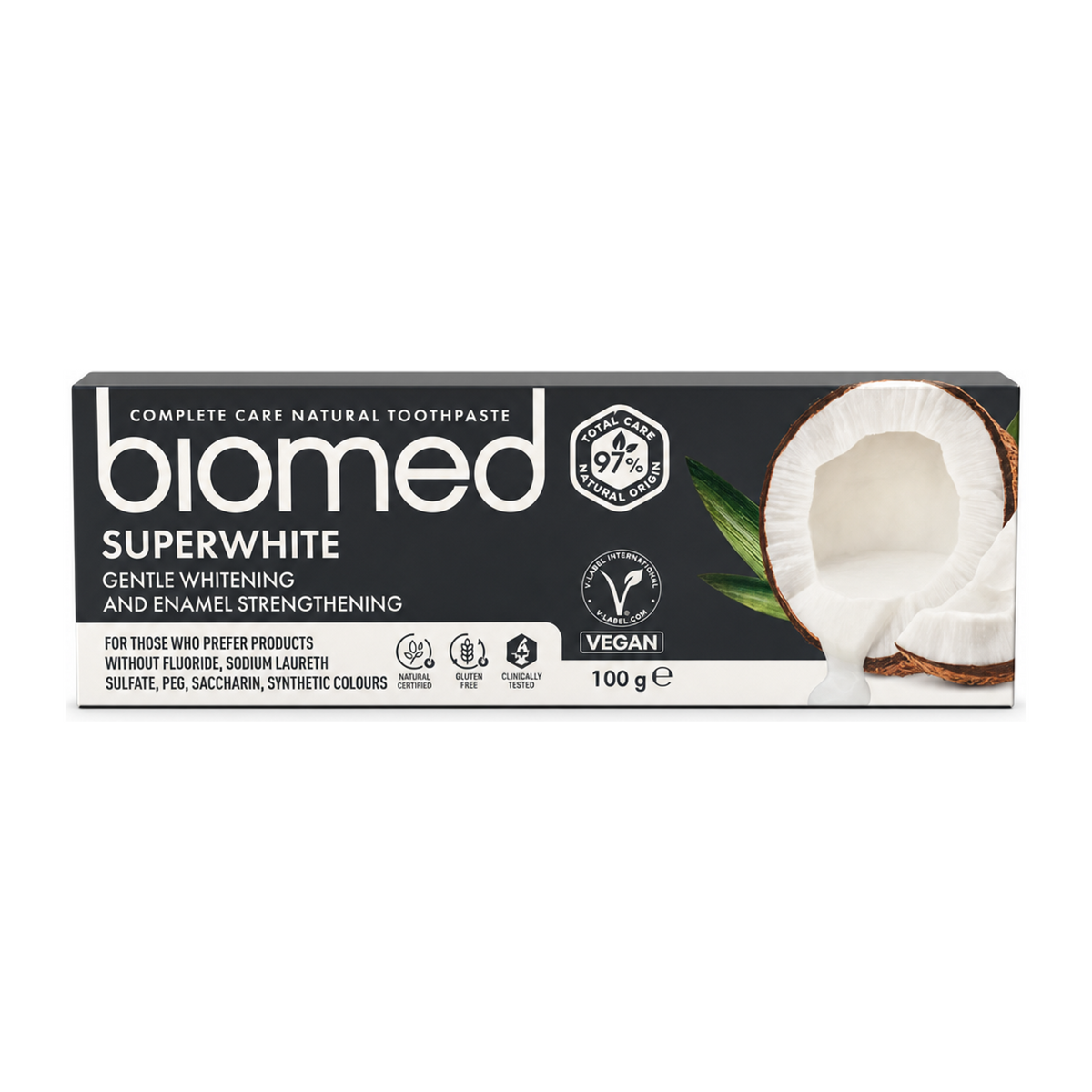 Splat Biomed Superwhite Coconut Whitening Toothpaste by Biomed Natural Beauty — front view showing product label and branding, studio product photo on white background