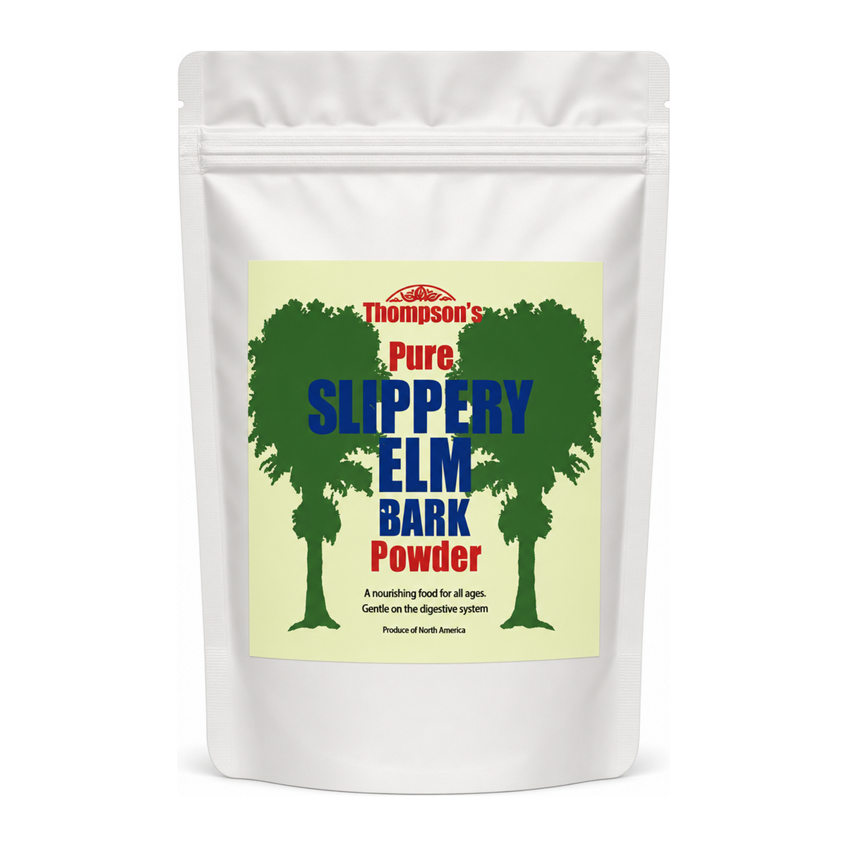 Thompson's Pure Slippery Elm Bark Powder by Thompson's Natural Remedies — front view showing product label and branding, studio product photo on white background