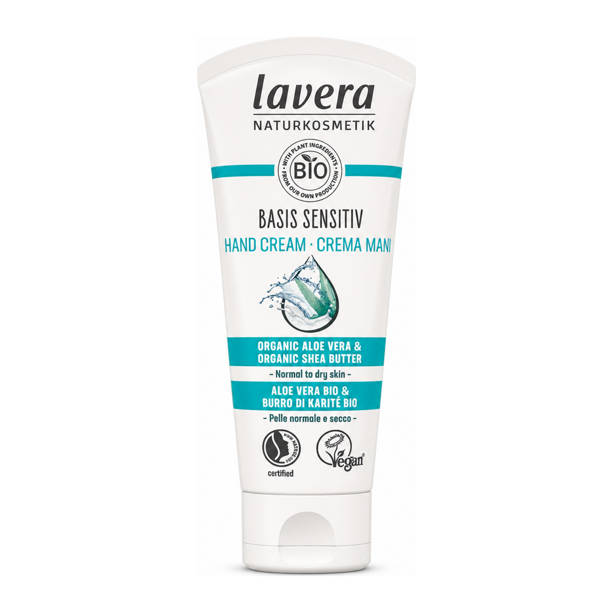 Lavera Basis Sensitiv Hand Cream by Lavera Natural Beauty — front view showing product label and branding, studio product photo on white background