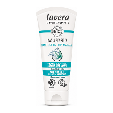 Lavera Basis Sensitiv Hand Cream by Lavera Natural Beauty — front view showing product label and branding, studio product photo on white background