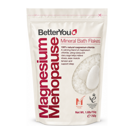 Magnesium Menopause Bath Flakes by BetterYou Natural Beauty — front view showing product label and branding, studio product photo on white background