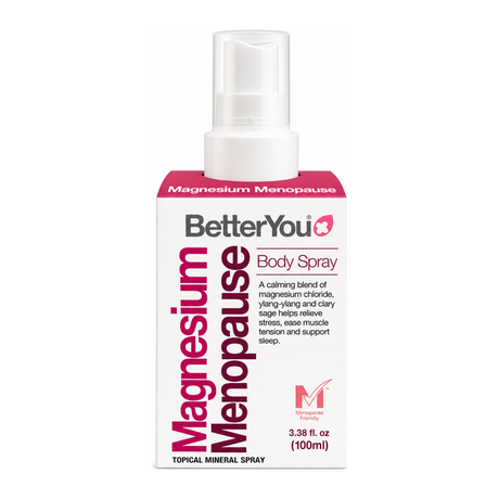 Magnesium Menopause Body Spray by BetterYou Natural Beauty — front view showing product label and branding, studio product photo on white background