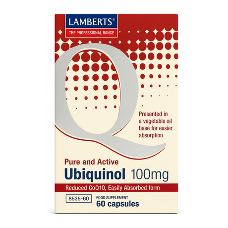 Lamberts Ubiquinol 100mg by Lamberts Natural Remedies — front view showing product label and branding, studio product photo on white background