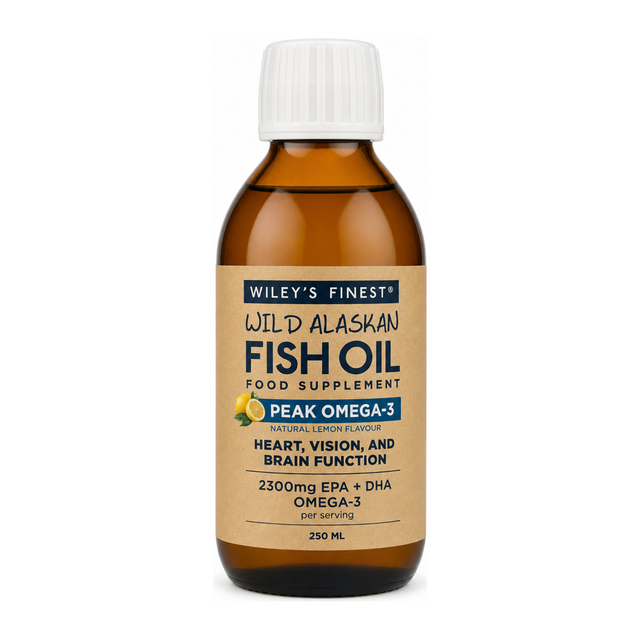 Wiley's Finest Peak Omega-3 Liquid by Wiley's Finest Natural Remedies — front view showing product label and branding, studio product photo on white background