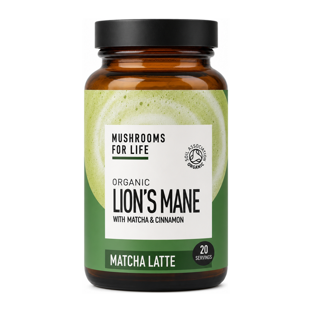 MUSHROOMS FOR LIFE Org Lions Mane With Matcha & Cinnamon Jar by Mushrooms For Life Natural Remedies — front view showing product label and branding, studio product photo on white background