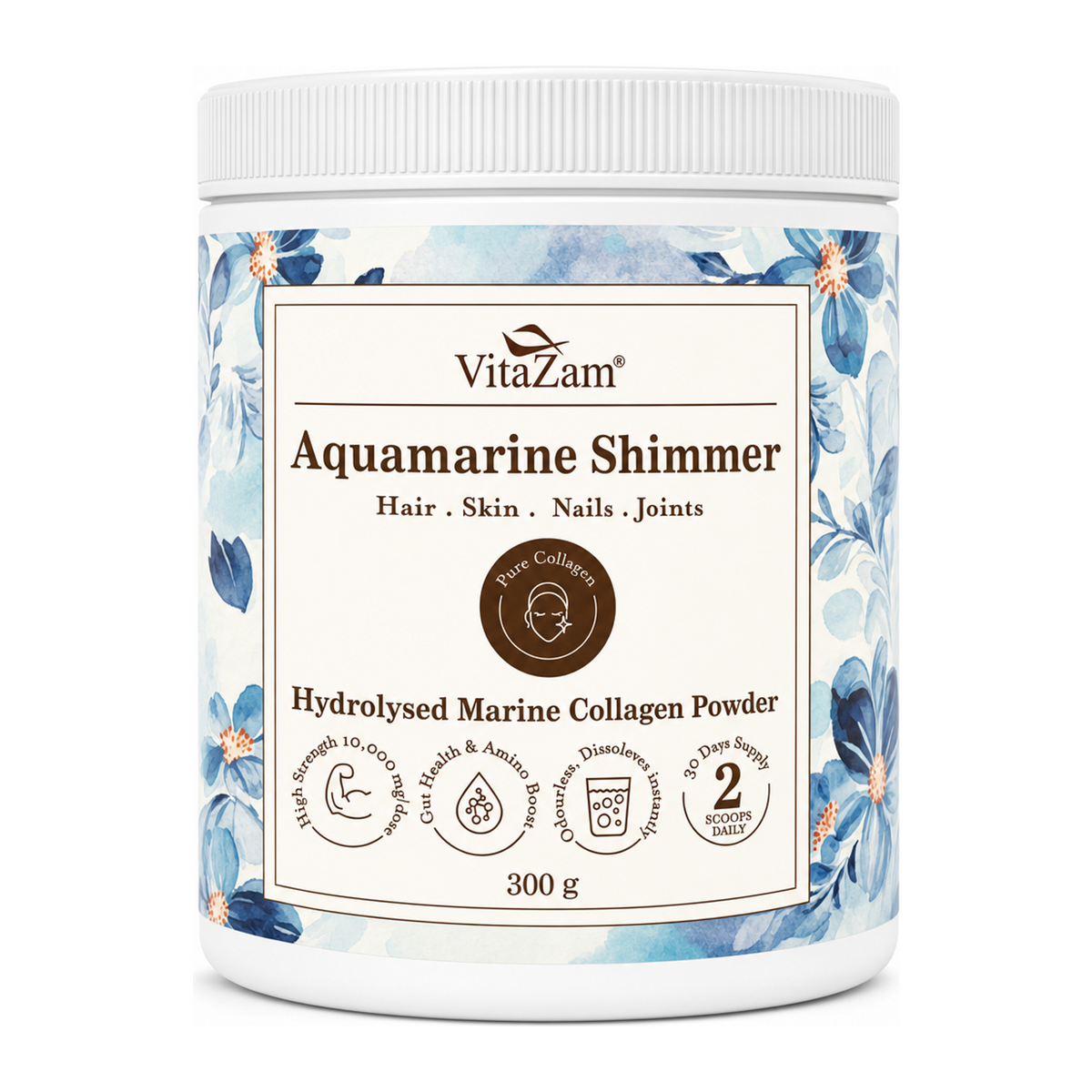 VitaZam Hydrolysed Marine Collagen Powder by VitaZam Natural Remedies — front view showing product label and branding, studio product photo on white background