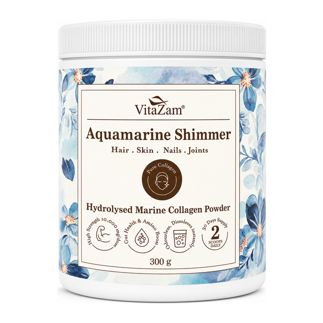 VitaZam Hydrolysed Marine Collagen Powder by VitaZam Natural Remedies — front view showing product label and branding, studio product photo on white background