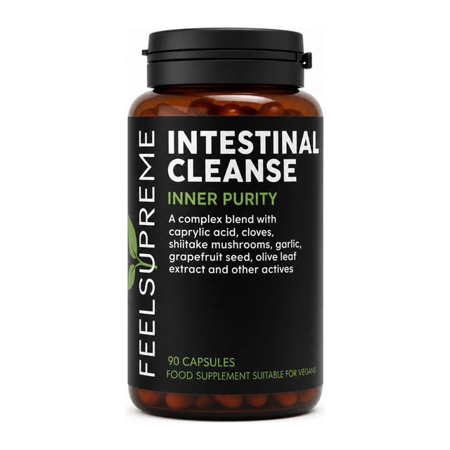 Feel Supreme Intestinal Cleanse Inner Purity Capsules by Feel Supreme Natural Remedies — front view showing product label and branding, studio product photo on white background