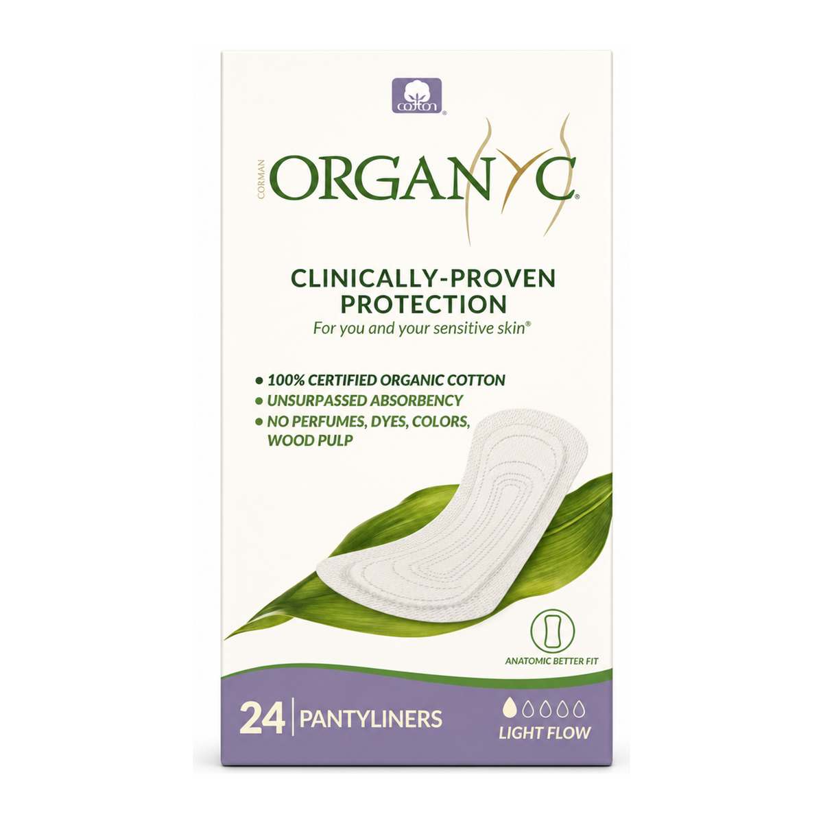 Organyc Pantyliner Light Flow - Flat - 24 Liners by Organyc Natural Beauty — front view showing product label and branding, studio product photo on white background