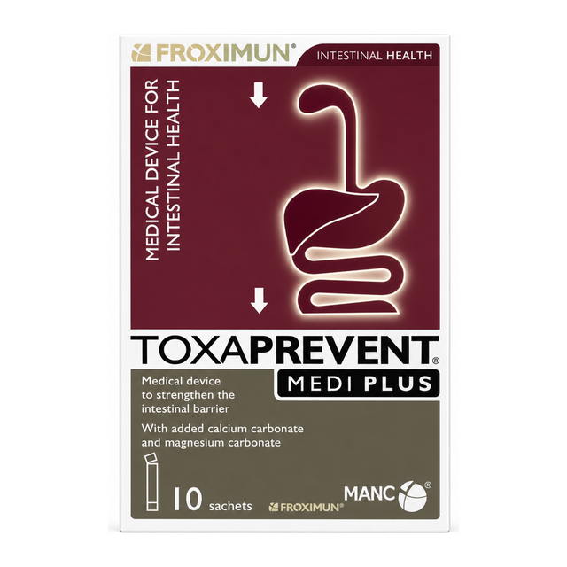 Toxaprevent Medi Plus Sachets by Froximun Natural Remedies — front view showing product label and branding, studio product photo on white background