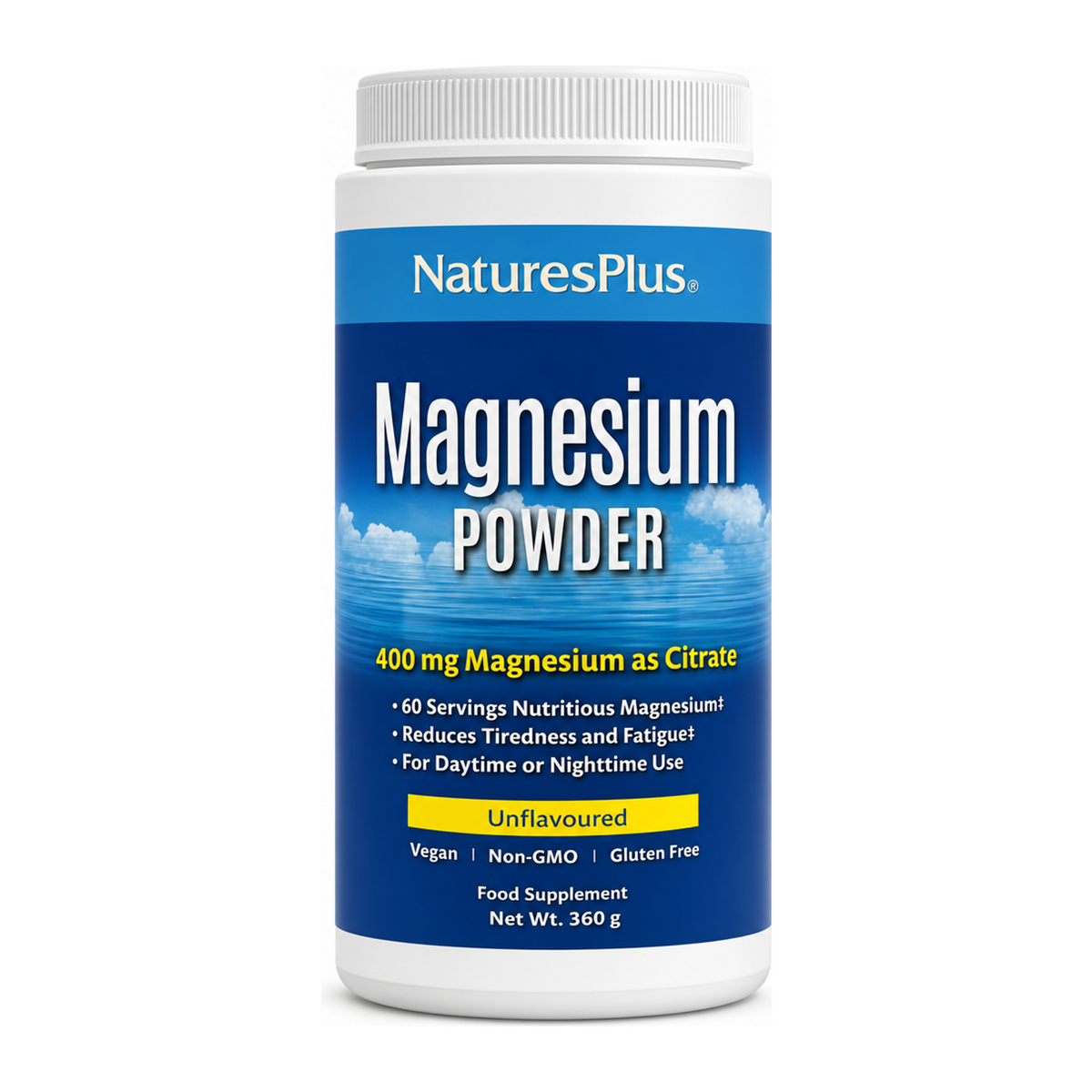 Natures Plus KalmAssure Magnesium Powder Unflavored by NaturesPlus Natural Remedies — front view showing product label and branding, studio product photo on white background