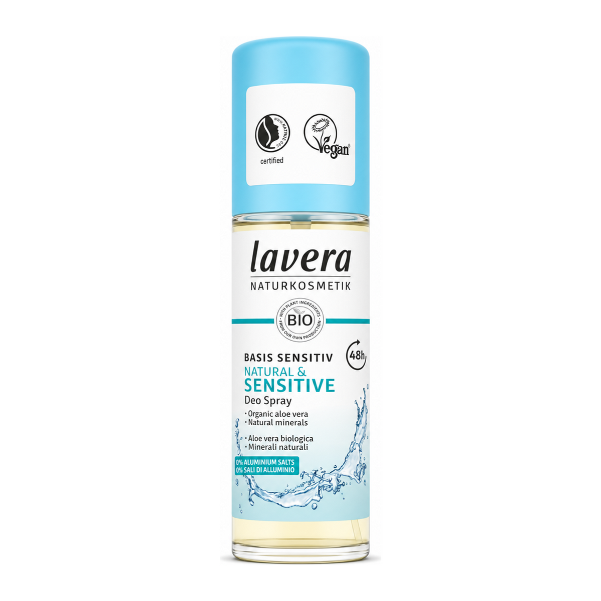 Lavera Basis Sensitiv Deodorant Spray by Lavera Natural Beauty — front view showing product label and branding, studio product photo on white background