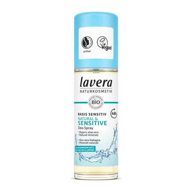 Lavera Basis Sensitiv Deodorant Spray by Lavera Natural Beauty — front view showing product label and branding, studio product photo on white background