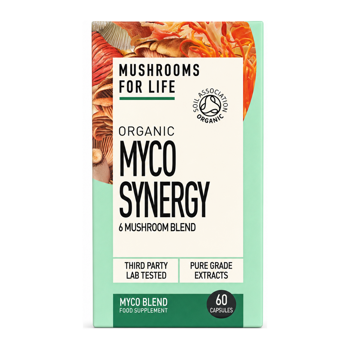 Organic Myco Synergy Capsules by Mushrooms For Life Natural Remedies — front view showing product label and branding, studio product photo on white background