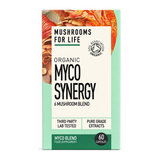 Organic Myco Synergy Capsules by Mushrooms For Life Natural Remedies — front view showing product label and branding, studio product photo on white background
