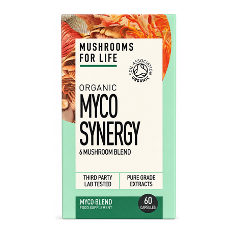 Organic Myco Synergy Capsules by Mushrooms For Life Natural Remedies — front view showing product label and branding, studio product photo on white background