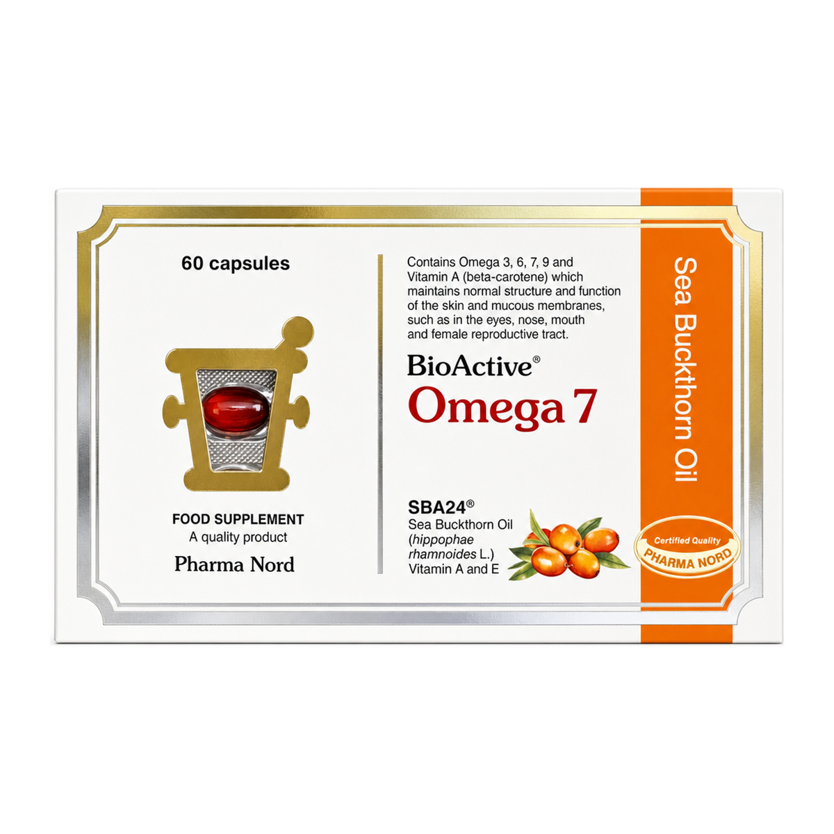 Omega 7 Sea Buckthorn Oil by Pharma Nord Natural Remedies — front view showing product label and branding, studio product photo on white background