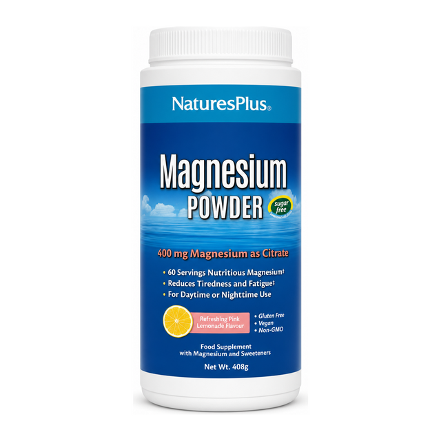 Nature's Plus KalmAssure Magnesium Powder Pink Lemonade by NaturesPlus Natural Remedies — front view showing product label and branding, studio product photo on white background