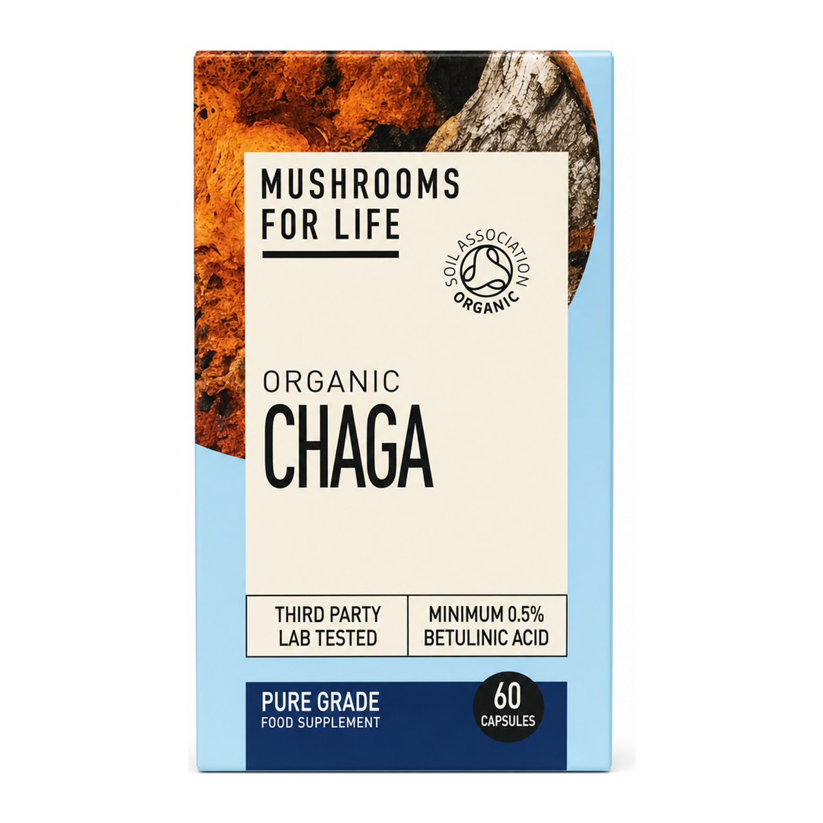 Mushrooms For Life Organic Chaga 60 Capsules by Mushrooms For Life Natural Remedies — front view showing product label and branding, studio product photo on white background
