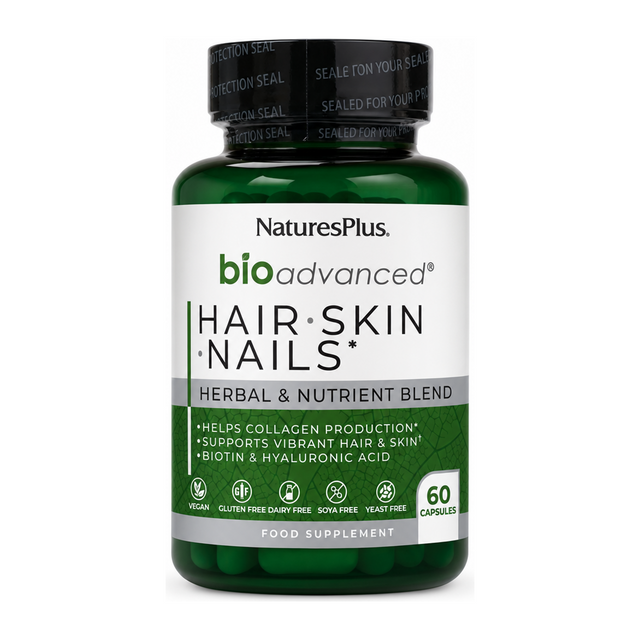 Natures Plus Bio Advanced Hair, Skin & Nails by NaturesPlus Natural Remedies — front view showing product label and branding, studio product photo on white background
