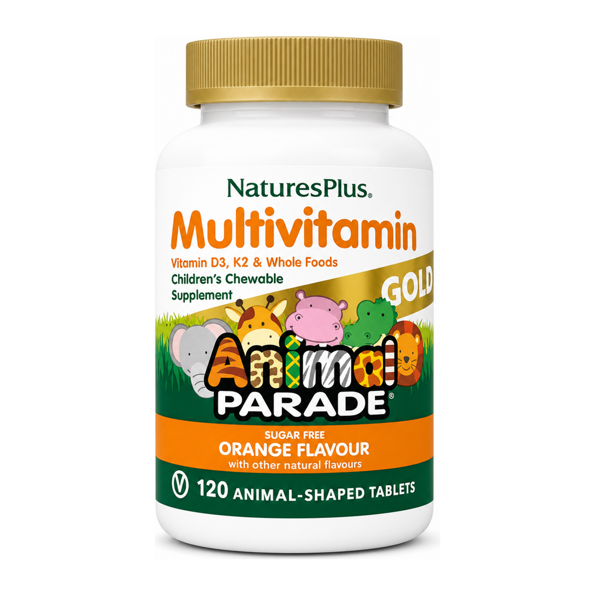 Nature's Plus Animal Parade GOLD ORANGE Chewable 120 by NaturesPlus Natural Remedies — front view showing product label and branding, studio product photo on white background