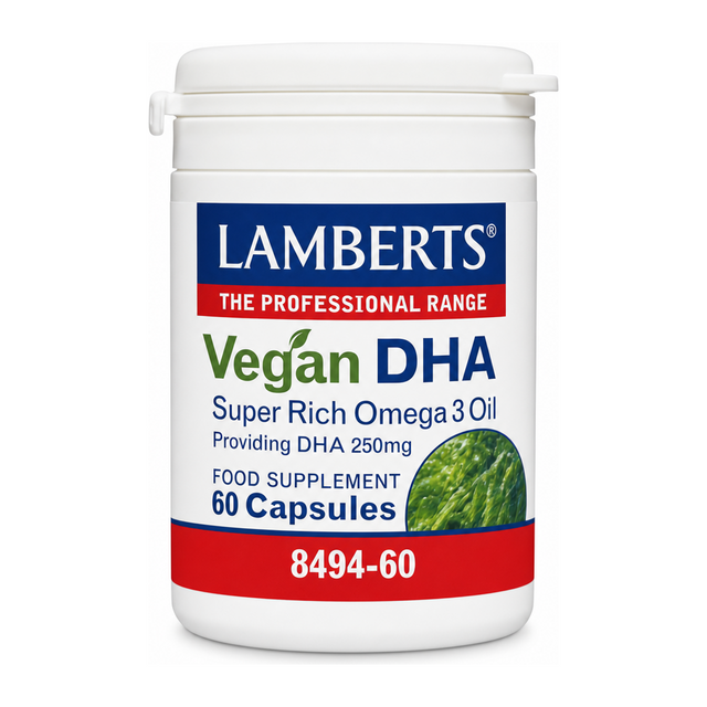 Lamberts Vegan DHA Capsules by Lamberts Natural Remedies — front view showing product label and branding, studio product photo on white background