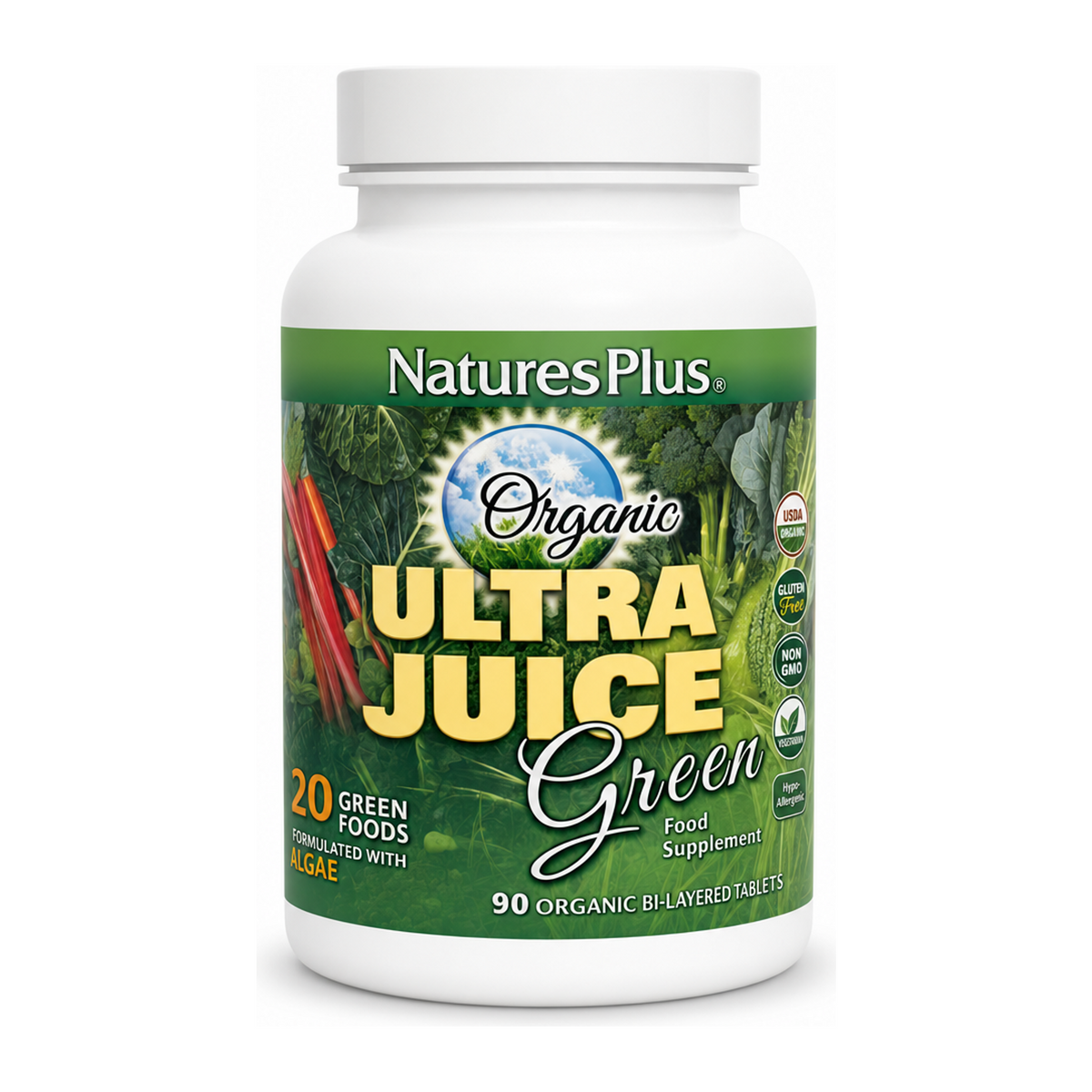 Natures Plus Organic Ultra Juice Greens Bi-Layered 90 tabs by NaturesPlus Natural Remedies — front view showing product label and branding, studio product photo on white background