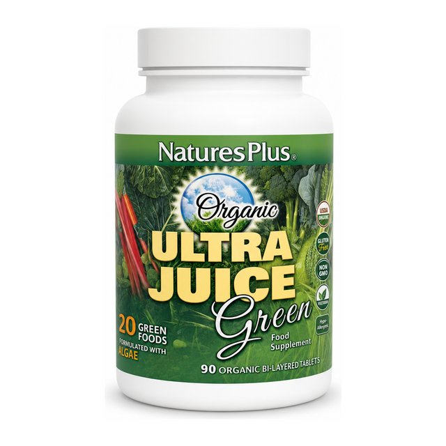 Natures Plus Organic Ultra Juice Greens Bi-Layered 90 tabs by NaturesPlus Natural Remedies — front view showing product label and branding, studio product photo on white background