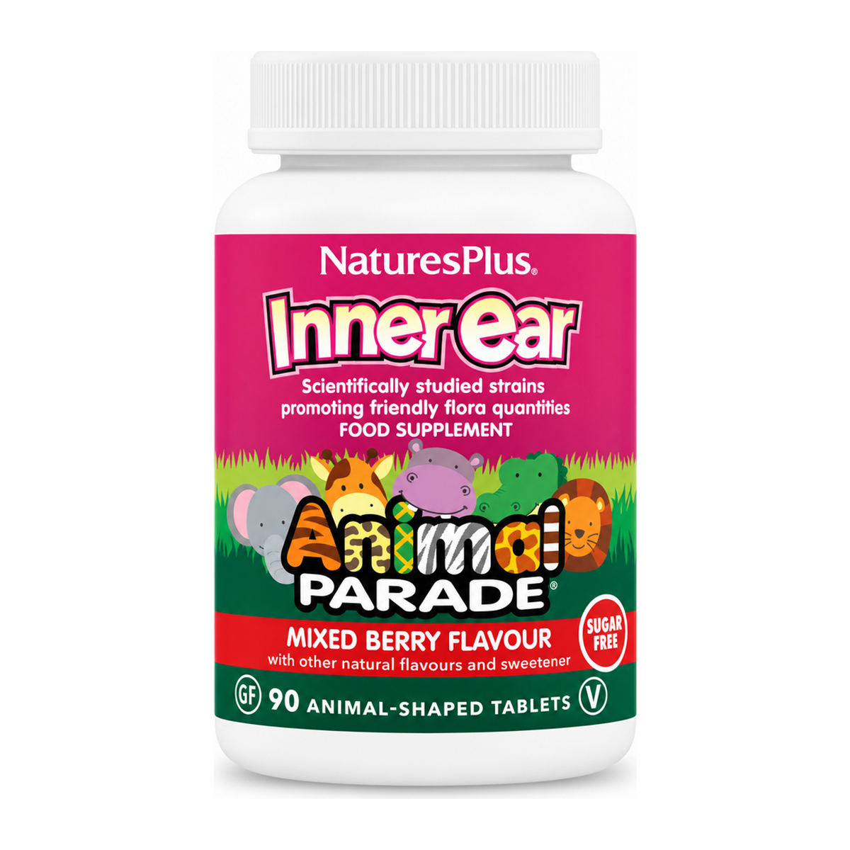 Nature's Plus Animal Parade INNER EAR SUPPORT chewable by NaturesPlus Natural Remedies — front view showing product label and branding, studio product photo on white background