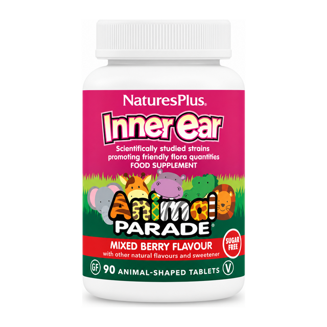 Nature's Plus Animal Parade INNER EAR SUPPORT chewable by NaturesPlus Natural Remedies — front view showing product label and branding, studio product photo on white background