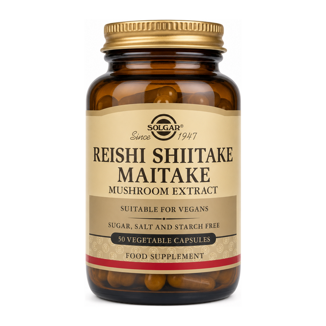 Solgar Reishi Shiitake Maitake Mushroom Extract by Solgar Natural Remedies — front view showing product label and branding, studio product photo on white background