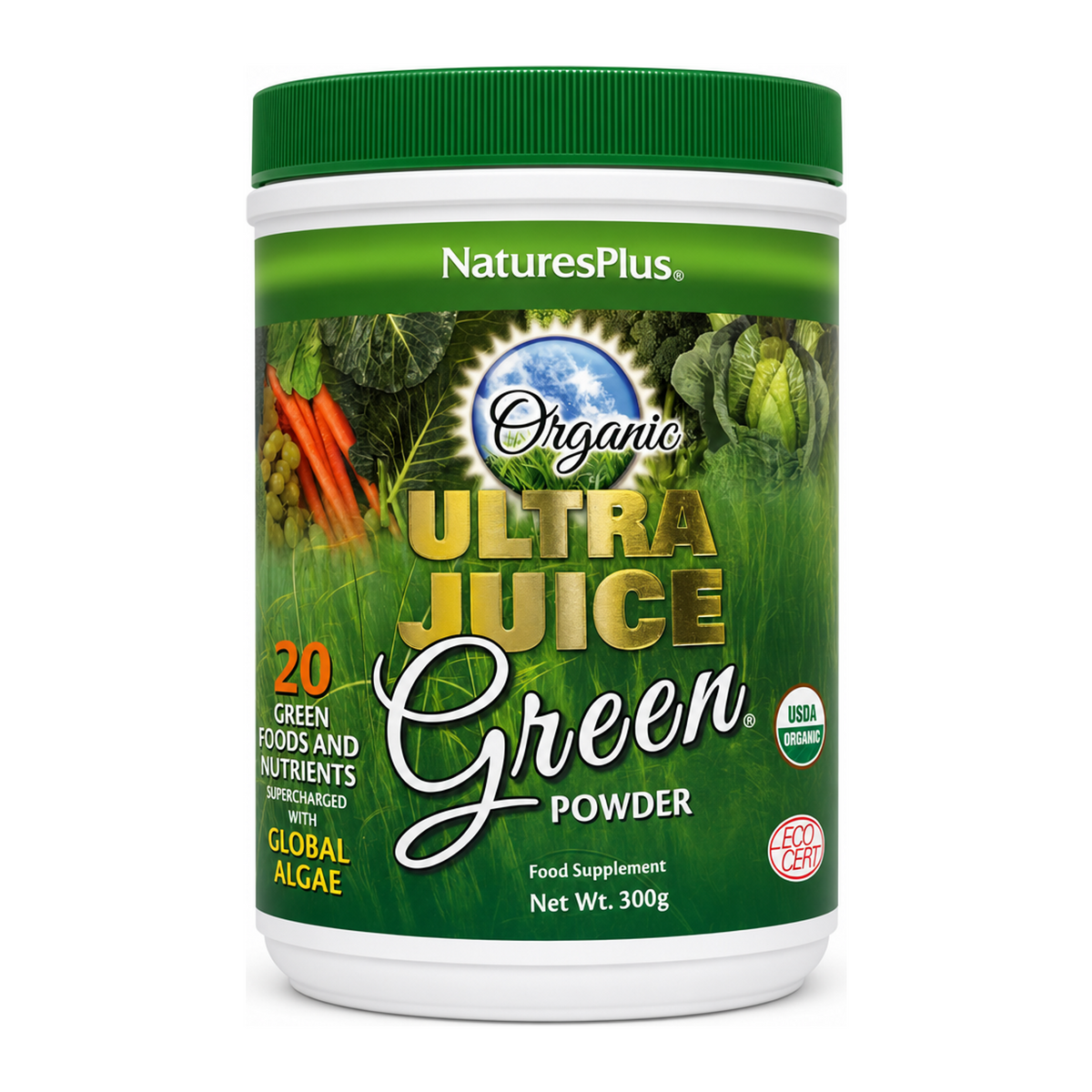Nature's Plus Ultra Juice Organic Green Drink by NaturesPlus Natural Remedies — front view showing product label and branding, studio product photo on white background