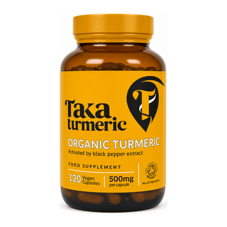 Taka Turmeric Organic Turmeric by Taka Turmeric Natural Remedies — front view showing product label and branding, studio product photo on white background