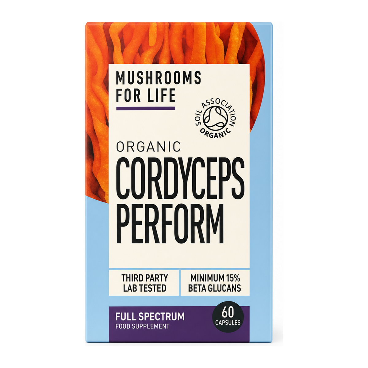 Mushrooms 4 Life Organic Cordyceps capsules by Mushrooms For Life Natural Remedies — front view showing product label and branding, studio product photo on white background