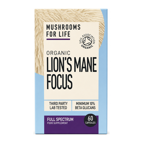 Mushrooms For Life Organic Lion's Mane Focus by Mushrooms For Life Natural Remedies — front view showing product label and branding, studio product photo on white background