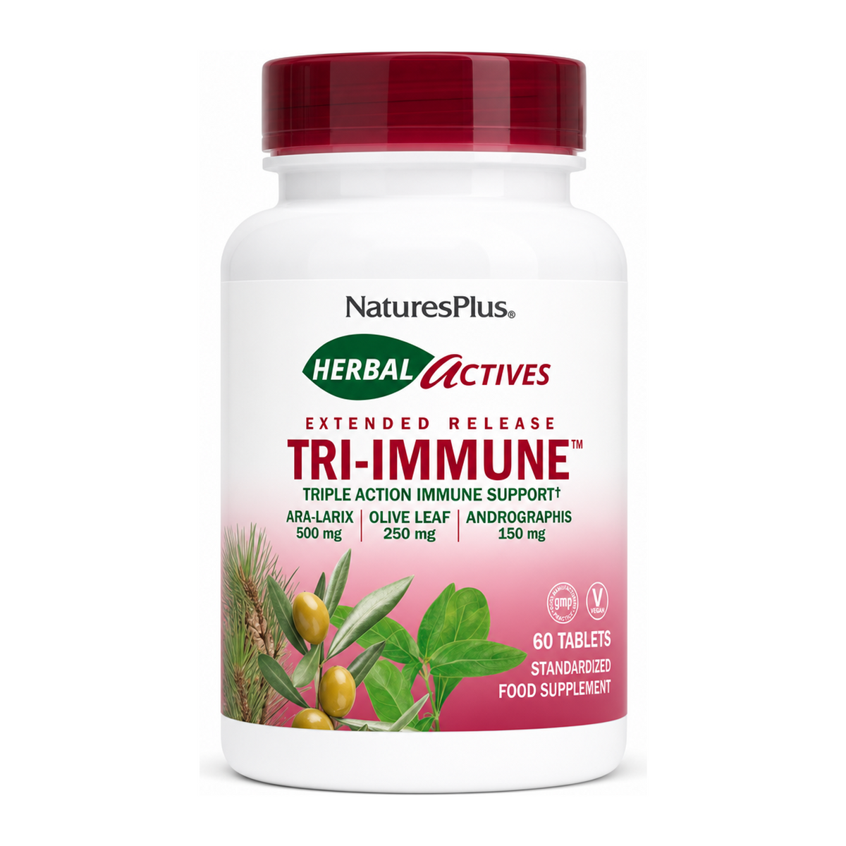 Herbal Actives Tri-Immune Extended Release Tablets by NaturesPlus Natural Remedies — front view showing product label and branding, studio product photo on white background
