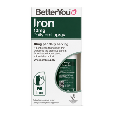 BetterYou Iron 10 Oral Spray by BetterYou Natural Remedies — front view showing product label and branding, studio product photo on white background