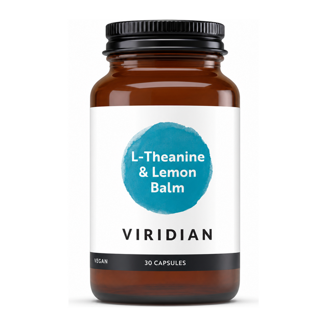 Viridian L-Theanine (200mg) and Lemon Balm by Viridian Natural Remedies — front view showing product label and branding, studio product photo on white background