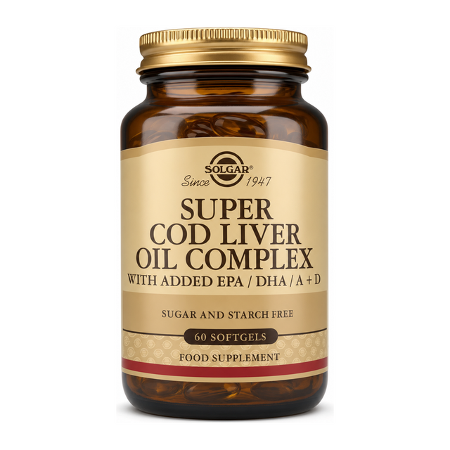 Solgar Super Cod Liver Oil Complex by Solgar Natural Remedies — front view showing product label and branding, studio product photo on white background