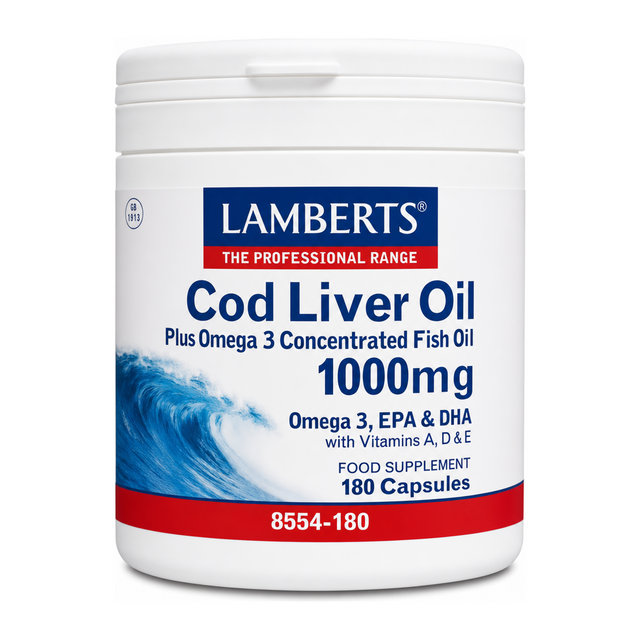 LAMBERTS COD LIVER OIL 1000mg by Lamberts Vitamin & Mineral Supplements — front view showing product label and branding, studio product photo on white background