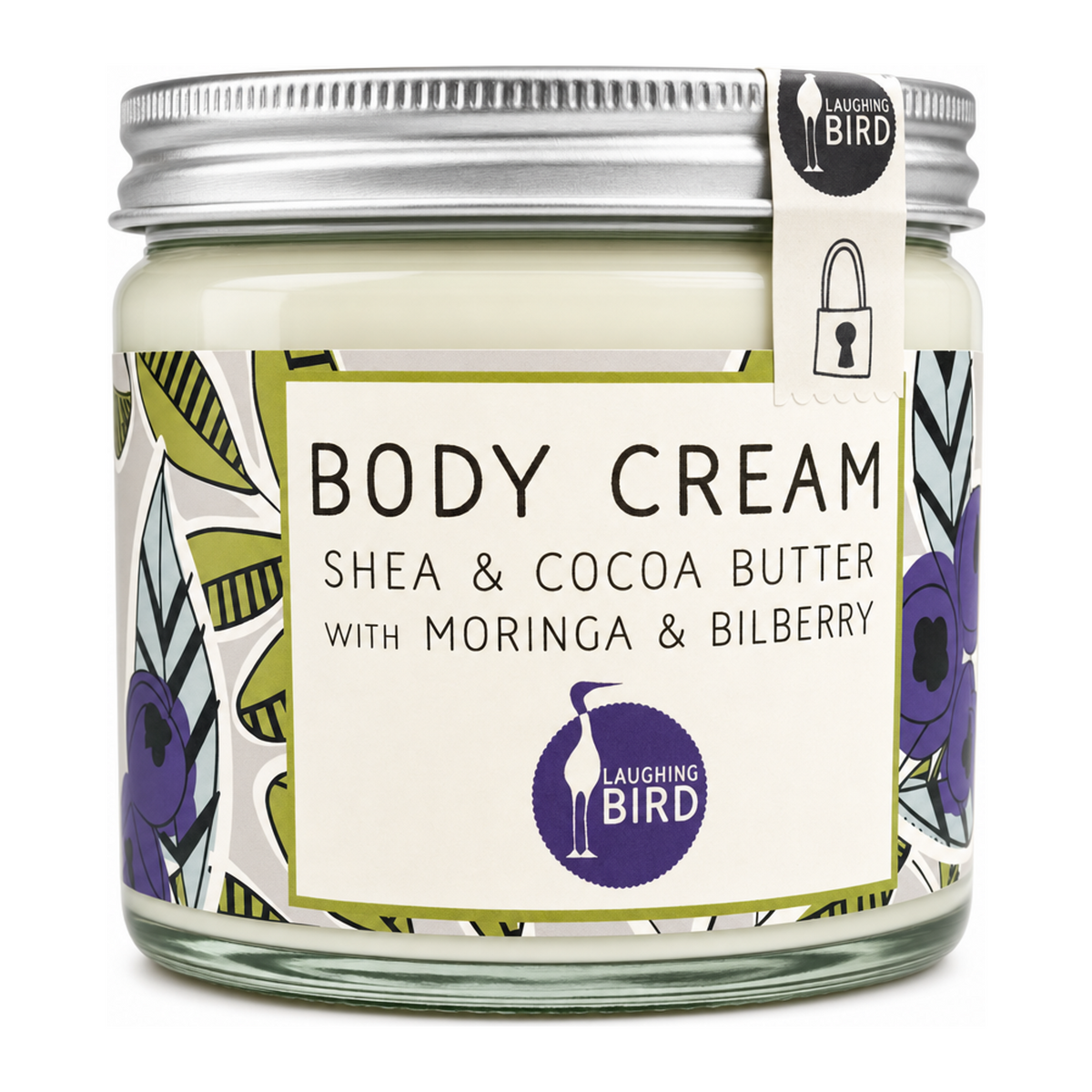 Laughing Bird Shea & Cocoa Butter Body Cream (with Moringa & Bilberry) by Laughing Bird Natural Beauty — front view showing product label and branding, studio product photo on white background